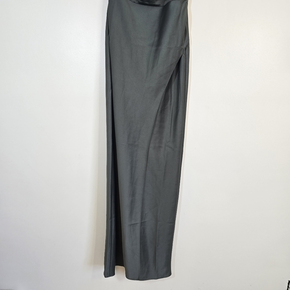 NWT BHLDN Anthropologie One Shoulder Stretch Satin Dylan Dress Dark Gree… - Picture 7 of 11